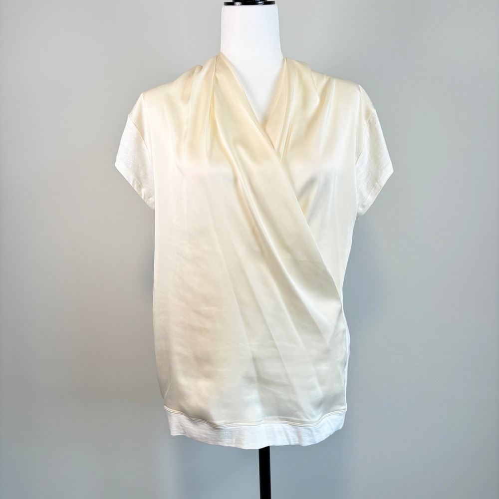 Strenesse Blue Draped Satin Top Office Chic Professional Ivory Women's Size 12
